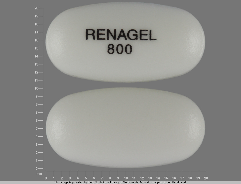 White Oval pill with imprint RENAGEL;800 — Renagel Sevelamer hydrochloride 800 mg;colloidal silicon dioxide 3.2 mg;stearic acid 3.2 mg;water 64.6 mg;hypromellose 2910 (5 mpa.s) 16.7 mg;hypromellose 2910 (15 mpa.s) 16.7 mg; (view 2)