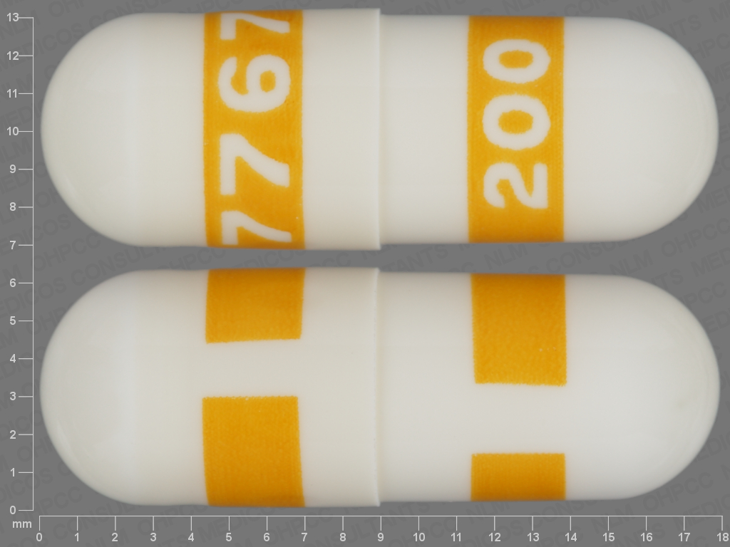 White, yellow Capsule pill with imprint 7767;200 — Celecoxib 200 mg (view 4)