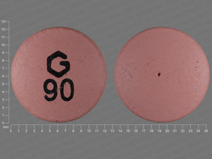 Pink Round pill with imprint G;90 — Nifedipine Nifedipine 90 mg; (view 2)