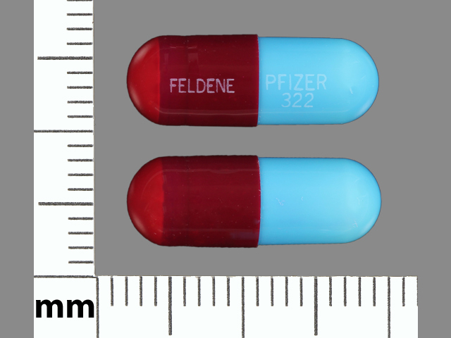 Red, blue Capsule pill with imprint FELDENE;PFIZER;322 — Piroxicam 10 mg (view 2)