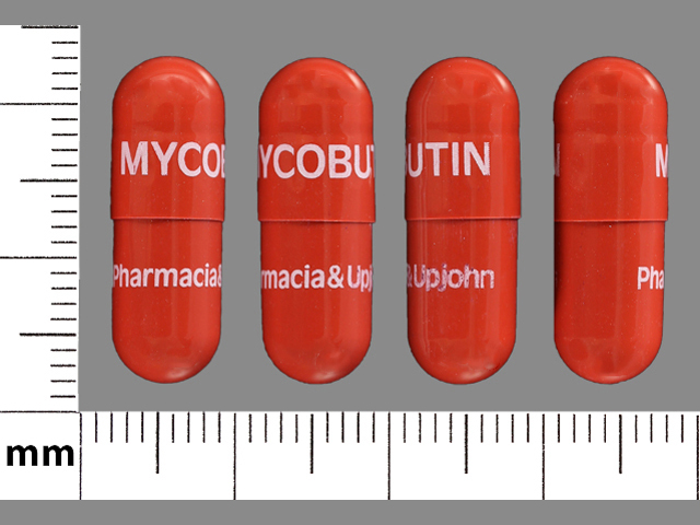 Red Capsule pill with imprint MYCOBUTIN;Pharmacia;Upjohn — Rifabutin 150 mg (view 2)