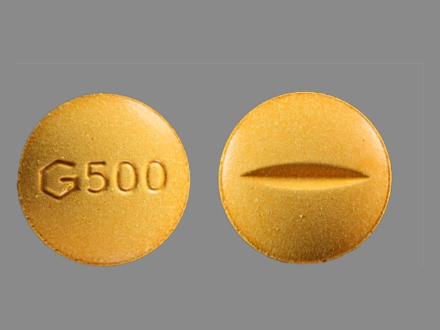 Yellow Round pill with imprint G500 — Sulfasalazine Sulfasalazine 500 mg; (view 3)