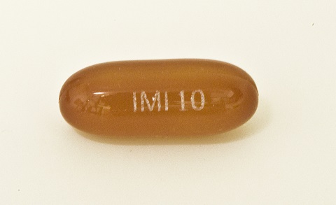 Red;brown Capsule pill with imprint IMI;10 — Nifedipine Nifedipine 10 mg; (view 2)