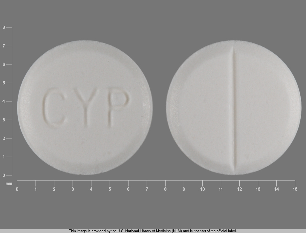 White Round pill with imprint CYP — Cyproheptadine hydrochloride Cyproheptadine hydrochloride 4 mg; (view 5)