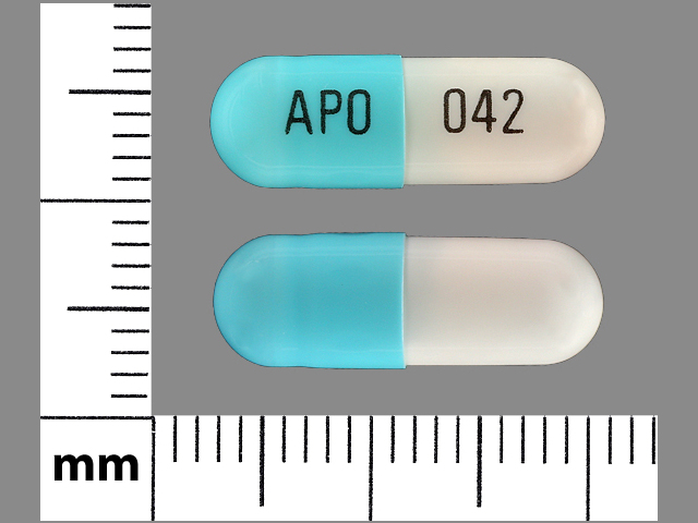 White;blue Capsule pill with imprint APO;042 — Acyclovir Acyclovir 200 mg; (view 4)