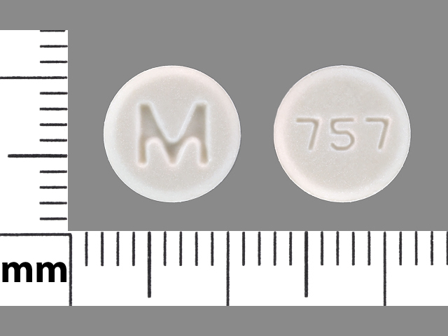 White Round pill with imprint M;757 — Atenolol Atenolol 100 mg; (view 4)