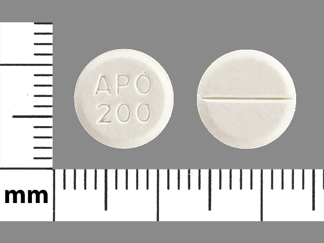 White Round pill with imprint APO;200 — Carbamazepine Carbamazepine 200 mg; (view 3)