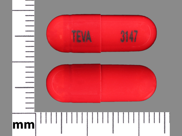 Orange Capsule pill with imprint TEVA;3147 — Cephalexin Cephalexin 500 mg; (view 4)