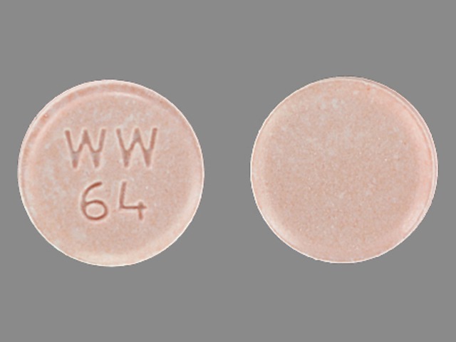 Red Round pill with imprint WW;64 — Lisinopril with hydrochlorothiazide Lisinopril 20 mg;hydrochlorothiazide 25 mg; (view 3)