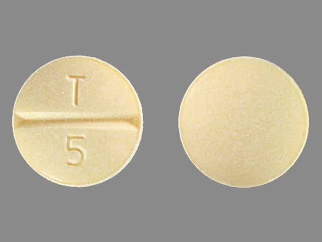 Yellow Round pill with imprint T;5 — Enalapril maleate Enalapril maleate 5 mg; (view 3)