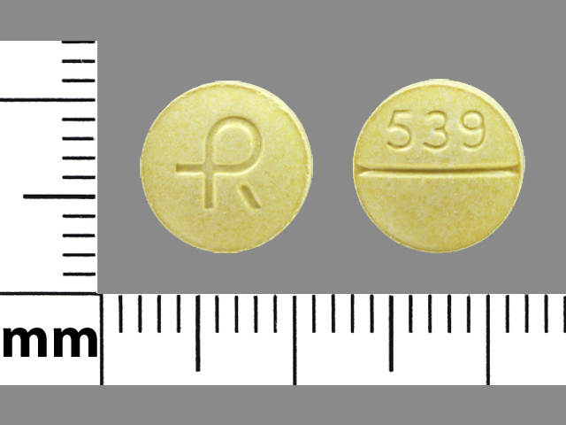 Yellow Round pill with imprint R;539 — Carbidopa and levodopa Carbidopa 25 mg;levodopa 100 mg; (view 2)