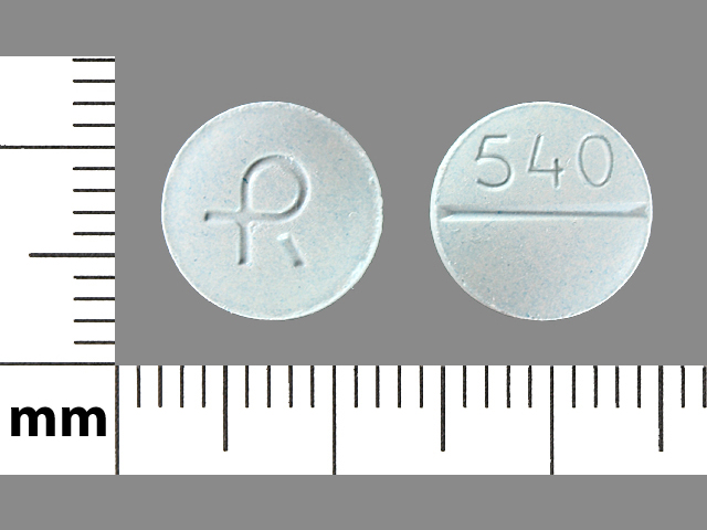 Blue Round pill with imprint R;540 — Carbidopa and levodopa Carbidopa 25 mg;levodopa 250 mg; (view 3)