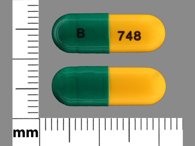 Green, yellow Capsule pill with imprint B;748 — Duloxetine 60 mg (view 2)