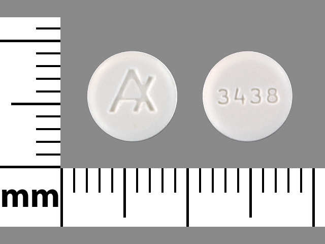 White Round pill with imprint A;3438 — Selegiline hydrochloride Selegiline hydrochloride 5 mg; (view 2)