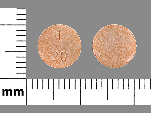 Orange Round pill with imprint T;20 — Enalapril maleate Enalapril maleate 20 mg; (view 4)