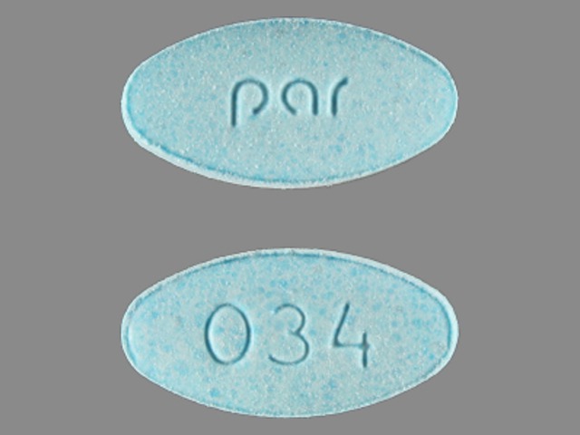 Blue Oval pill with imprint par;034 — Meclizine hydrochloride 12.5 mg (view 4)