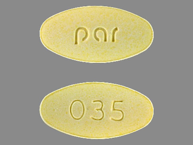 Yellow Oval pill with imprint Par;035 — Meclizine hydrochloride Meclizine hydrochloride 25 mg; (view 2)