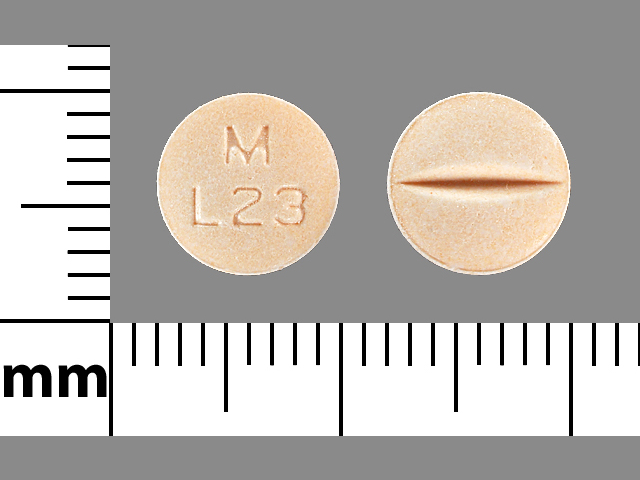 Orange Round pill with imprint M;L23 — Lisinopril Lisinopril 5 mg; (view 3)