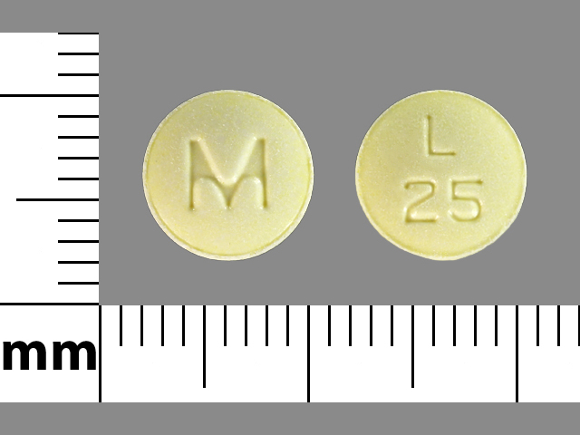 Yellow Round pill with imprint L;25;M — Lisinopril Lisinopril 20 mg; (view 3)