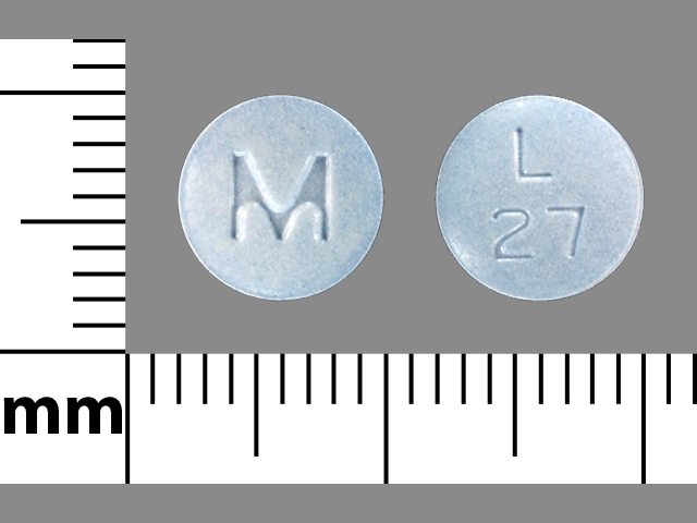Blue Round pill with imprint L;27;M — Lisinopril Lisinopril 30 mg; (view 3)