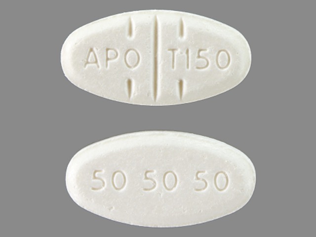 White Oval pill with imprint APO;T150;50;50;50 — Trazodone hydrochloride Trazodone hydrochloride 150 mg; (view 3)
