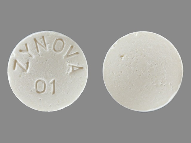 White Round pill with imprint ZYNOVA;01 — Neomycin sulfate Neomycin sulfate 350 mg; (view 2)