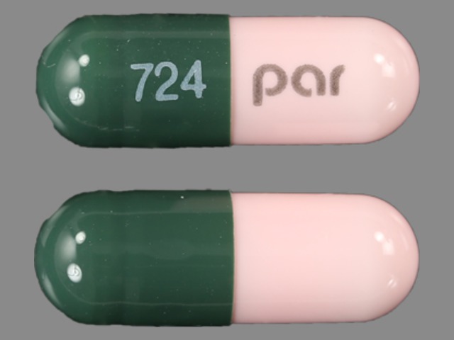 Green, pink Capsule pill with imprint 724;par — Hydroxyurea 500 mg (view 3)