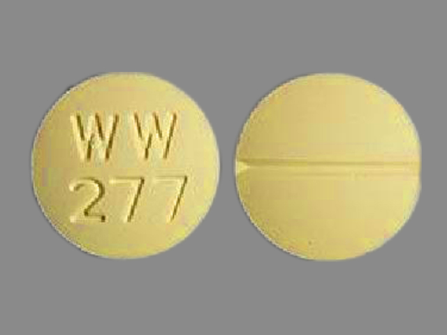 Yellow Round pill with imprint WW;277 — Lithium carbonate Lithium carbonate 450 mg; (view 2)