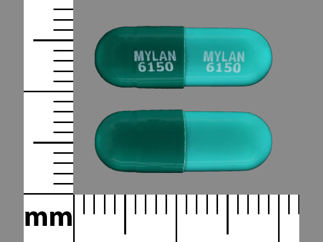 Green;blue Capsule pill with imprint MYLAN;6150 — Omeprazole Omeprazole 20 mg; (view 2)