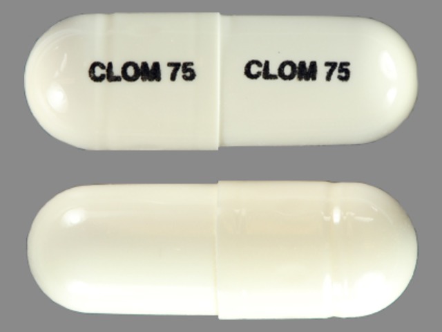 White Capsule pill with imprint CLOM75 — Clomipramine hydrochloride Clomipramine hydrochloride 75 mg; (view 2)