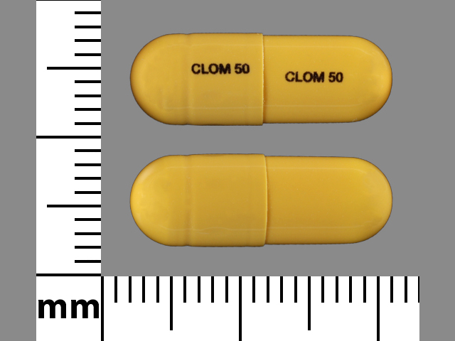 Yellow Capsule pill with imprint CLOM50 — Clomipramine hydrochloride Clomipramine hydrochloride 50 mg; (view 2)