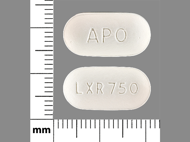 White Oval pill with imprint APO;LXR;750 — Levetiracetam Levetiracetam 750 mg; (view 2)