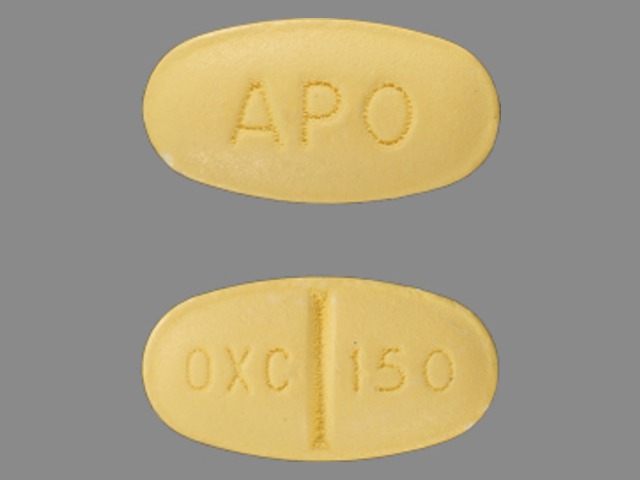 Yellow Oval pill with imprint OXC;150;APO — Oxcarbazepine Oxcarbazepine 150 mg; (view 2)