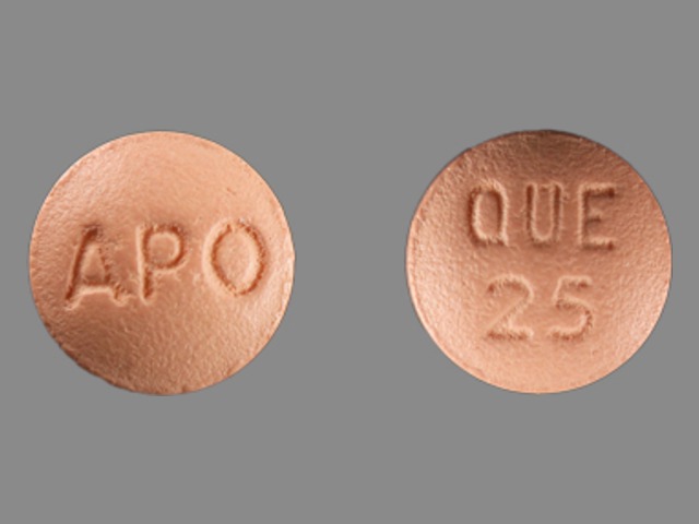 Pink Round pill with imprint APO;QUE;25 — Quetiapine fumarate Quetiapine fumarate 25 mg; (view 3)