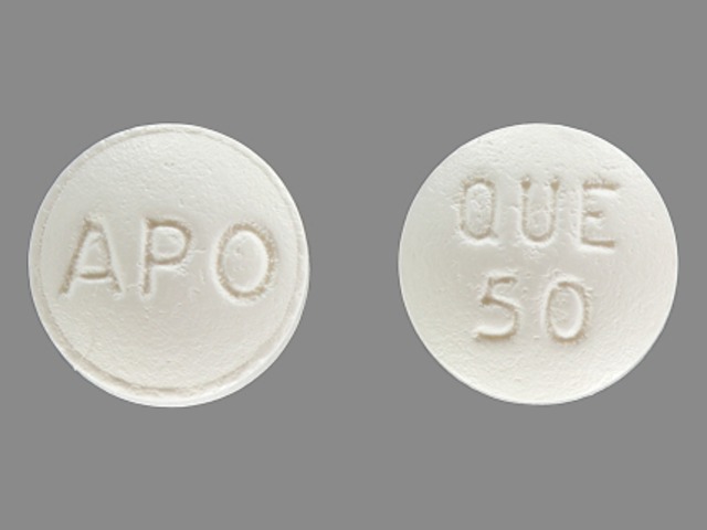 White Round pill with imprint APO;QUE;50 — Quetiapine fumarate Quetiapine fumarate 50 mg; (view 2)