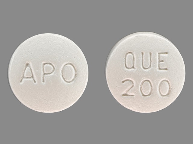 White Round pill with imprint APO;QUE;200 — Quetiapine fumarate Quetiapine fumarate 200 mg; (view 2)