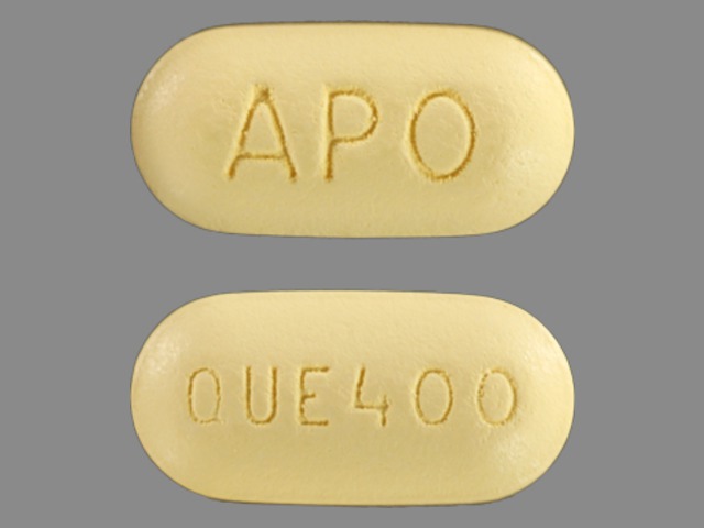 Yellow Capsule pill with imprint APO;QUE400 — Quetiapine fumarate Quetiapine fumarate 400 mg; (view 2)