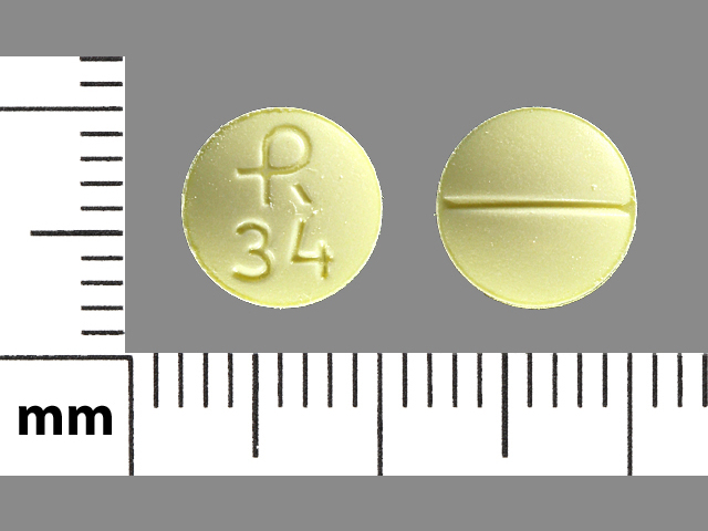 Yellow Round pill with imprint R;34 — Clonazepam Clonazepam 1 mg; (view 3)