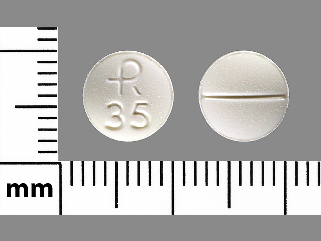 White Round pill with imprint R;35 — Clonazepam Clonazepam 2 mg; (view 3)