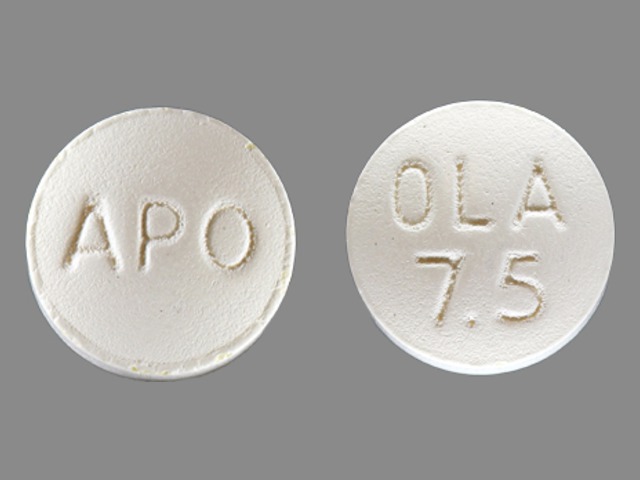 White Round pill with imprint APO;OLA;7;5 — Olanzapine Olanzapine 7.5 mg; (view 2)