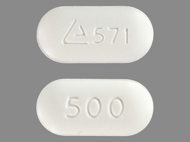 White Oval pill with imprint 571;500 — Metformin hydrochloride Metformin hydrochloride 500 mg; (view 2)
