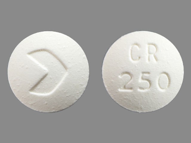 White Round pill with imprint CR;250 — Ciprofloxacin Ciprofloxacin hydrochloride 250 mg; (view 2)