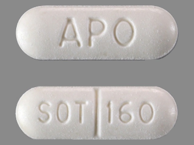 White Oval pill with imprint APO;SOT;160 — Sotalol hydrochloride Sotalol hydrochloride 160 mg; (view 2)