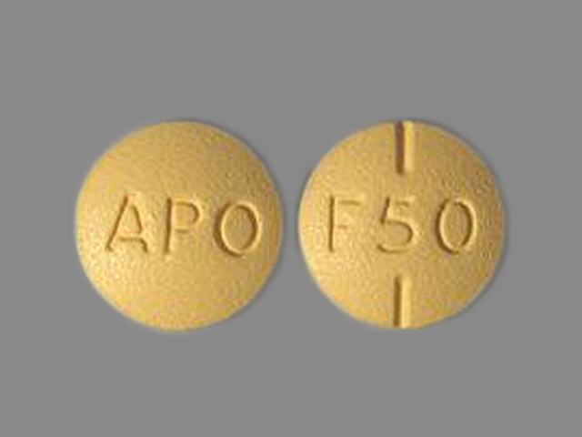 Yellow Round pill with imprint APO;F50 — Fluvoxamine maleate Fluvoxamine maleate 50 mg; (view 2)