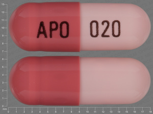 Pink;brown Capsule pill with imprint APO;020 — Omeprazole Omeprazole 20 mg; (view 3)