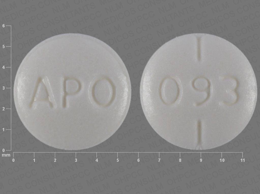 White Round pill with imprint APO;093 — Doxazosin Doxazosin mesylate 1 mg; (view 3)