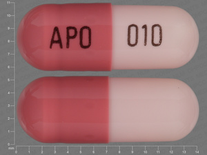Pink;brown Capsule pill with imprint APO;010 — Omeprazole Omeprazole 10 mg; (view 2)