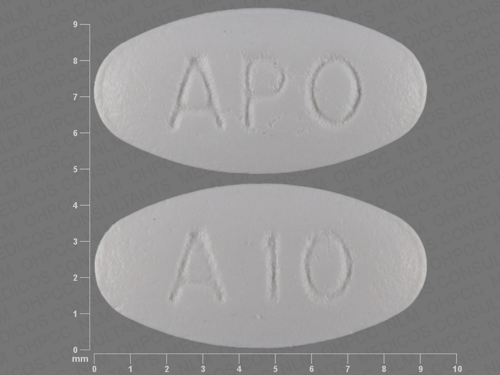 White Oval pill with imprint APO;A10 — Atorvastatin calcium Atorvastatin calcium trihydrate 10 mg; (view 4)