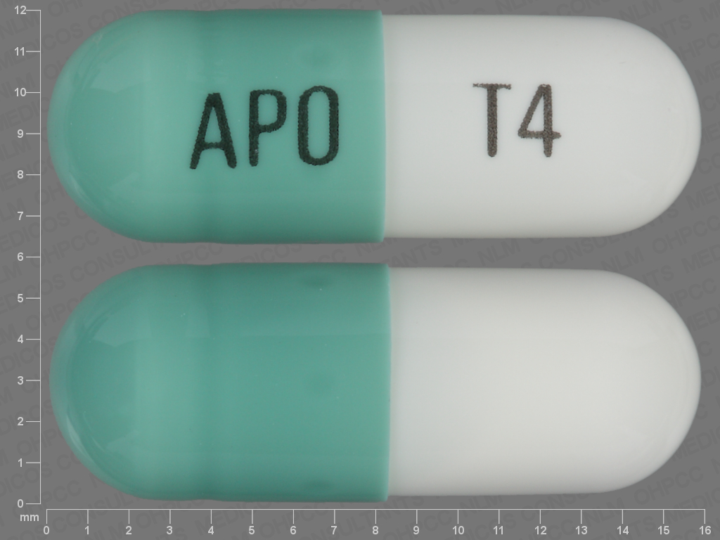 White;blue Capsule pill with imprint APO;T4 — Tizanidine hydrochloride Tizanidine hydrochloride 4 mg; (view 2)