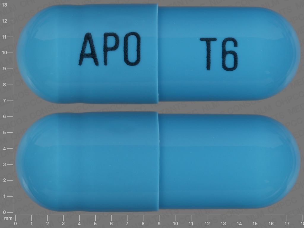 Blue;blue Capsule pill with imprint APO;T6 — Tizanidine hydrochloride Tizanidine hydrochloride 6 mg; (view 2)